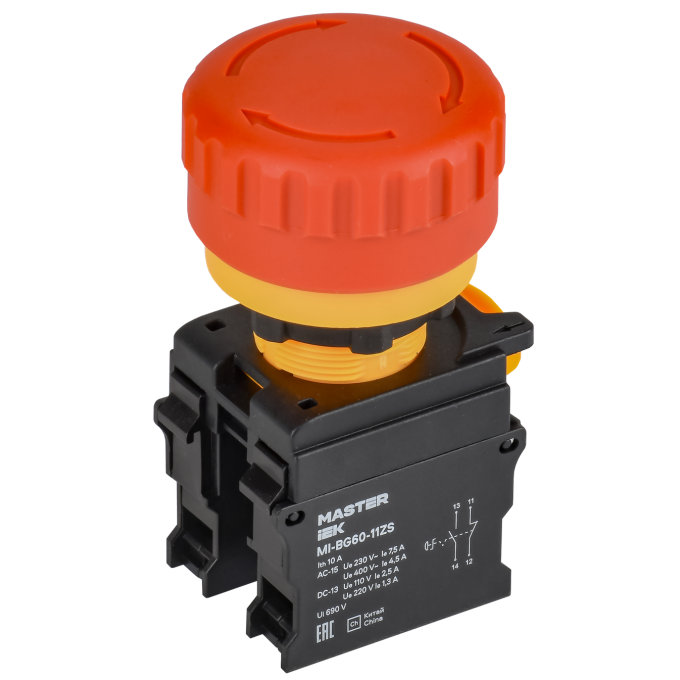 Кнопка IEK MASTER MI-BG60-11ZS-3-23-K04 "Грибок" поворотная с фиксацией 1NO+1NC красная MI-BG60-11ZS-3-23-K004