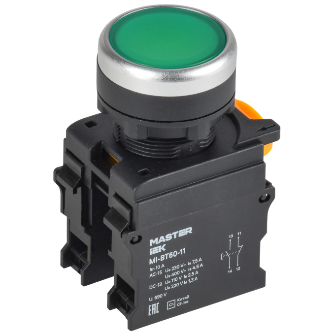 Кнопка IEK MASTER MI-BT60-11-3-22-K06 d=22мм 1NO+1NC зелёная MI-BT60-11-3-22-K006