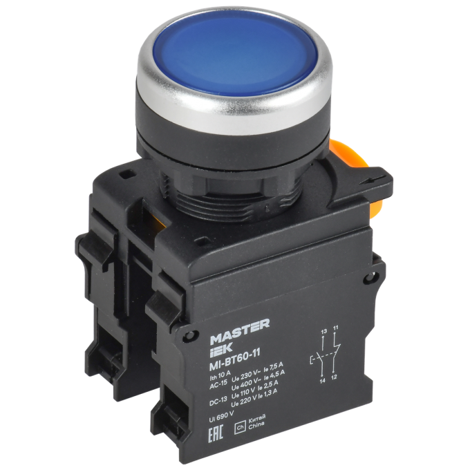 Кнопка IEK MASTER MI-BT60-11-3-22-K07 d=22мм 1NO+1NC синяя MI-BT60-11-33-22-K07