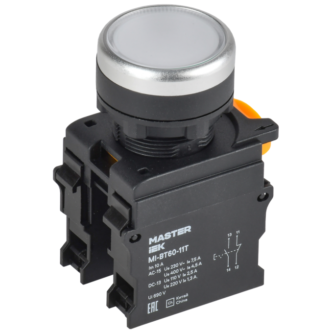 Кнопка с фиксацией IEK MASTER MI-BT60-11T-3-21-K01 d=22мм 1NO+1NC белая MI-BT60-11T-33-21-K01