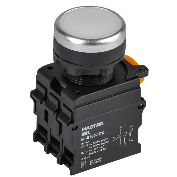 Кнопка с подсветкой и фиксацией IEK MASTER MI-BT60-11TD-3-11-K01 d=22мм 1NO+1NC белая MI-BT60-11TD-33-11-K01