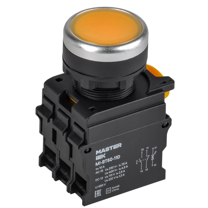 Кнопка с подсветкой IEK MASTER d=22мм 1NO+1NC жёлтая MI-BT60-11D-3-12-K05