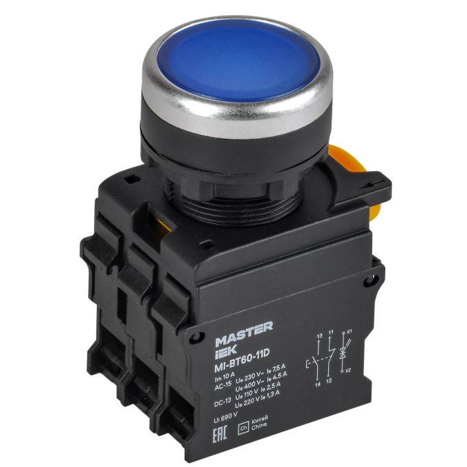 Кнопка с подсветкой IEK MASTER d=22мм 1NO+1NC синяя MI-BT60-11D-3-12-K07
