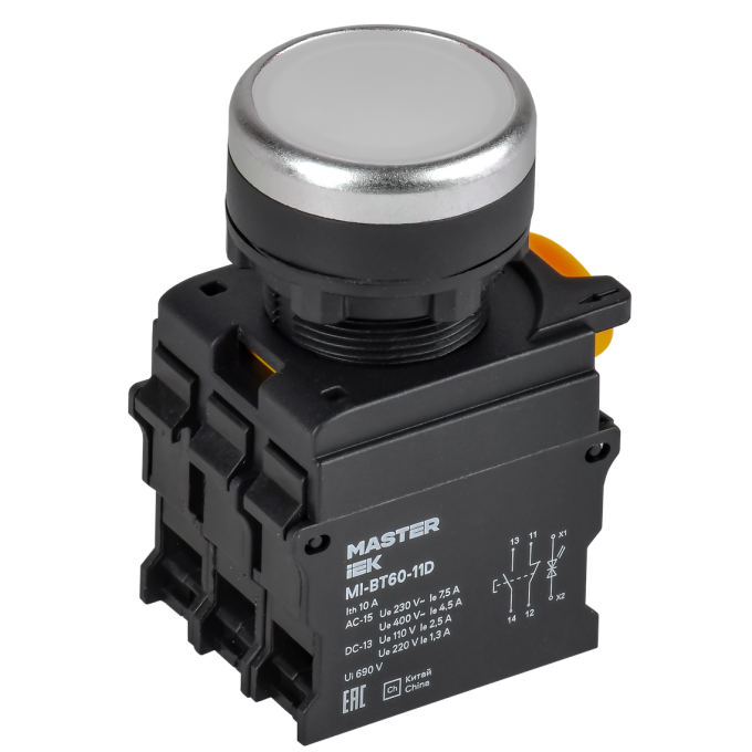 Кнопка с подсветкой IEK MASTER MI-BT60-11D-3-12-K01 d=22мм 1NO+1NC белая MI-BT60-11D-3-112-K01