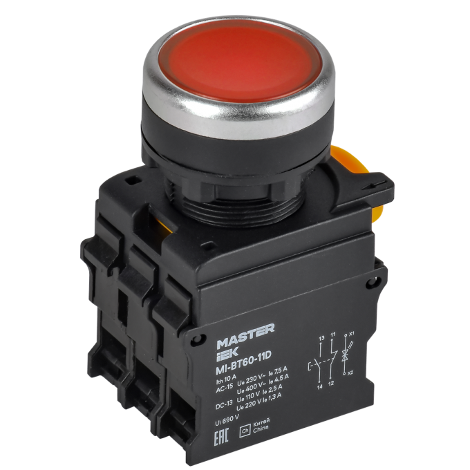 Кнопка с подсветкой IEK MASTER MI-BT60-11D-3-12-K04 d=22мм 1NO+1NC красная MI-BT60-11D-3-12-K004