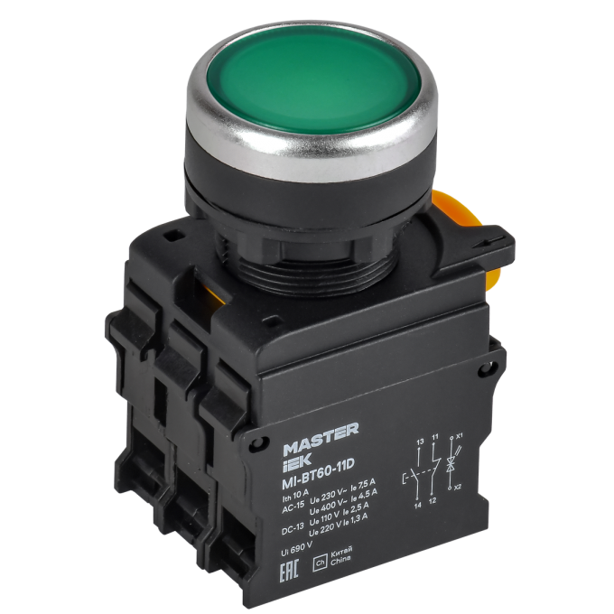 Кнопка с подсветкой IEK MASTER MI-BT60-11D-3-12-K06 d=22мм 1NO+1NC зелёная MI-BT600-11D-3-12-K06