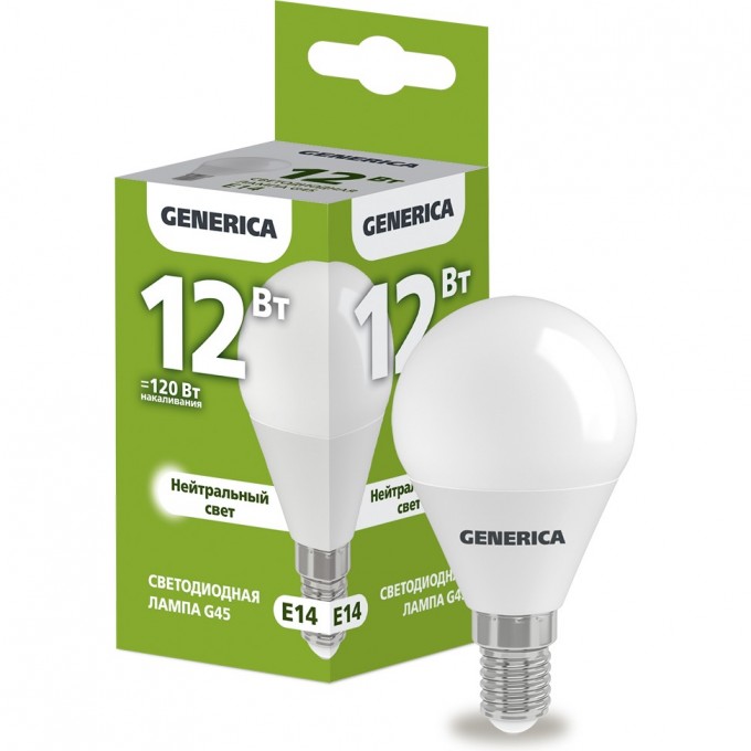 Лампа светодиодная G45 шар 12Вт 230В 4000К E14 GENERICA LL-G45-12-230-40-E14-G