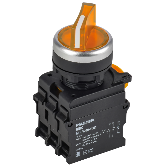 Переключатель с подсветкой на 2 положения IEK MASTER 1NO+1NC жёлтый MI-SW60-11XD-3-14-2-K05