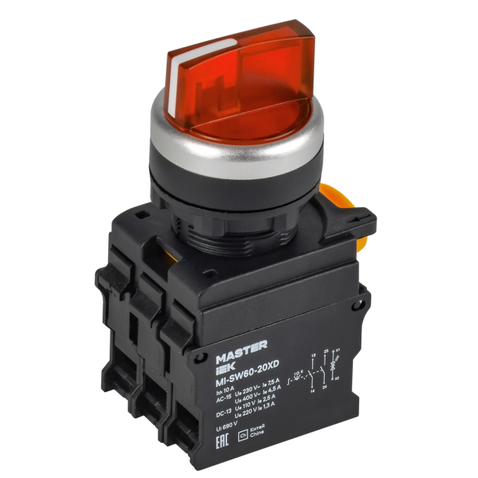 Переключатель с подсветкой на 3 положения IEK MASTER 2NO красный MI-SW60-20XD-4-14-3-K04
