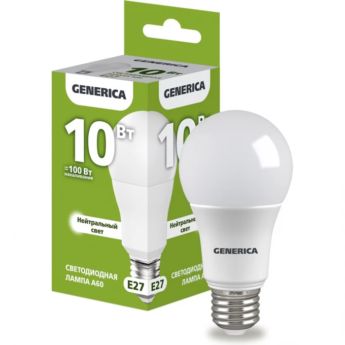 Светодиодная лампа IEK GENERICA A60 груша 10Вт 230В 4000К E27 LL-A60-10-230-40-E27-G Светодиодная лампа IEK GENERICA A60 груша 10Вт 230В 4000К E27 LL-A60-10-230-40-E27-G