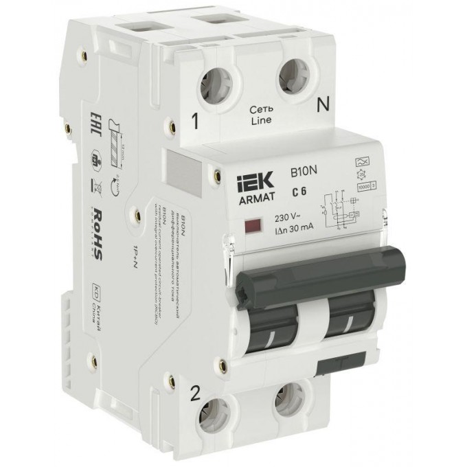 Выключатель автоматический дифференциального тока IEK ARMAT АВДТ B10N 1P+NP C6 30мА тип A (36мм) AR-B10N-1N-C006A030 Выключатель автоматический дифференциального тока IEK ARMAT АВДТ B10N 1P+NP C6 30мА тип A (36мм) AR-B10N-1N-C006A030