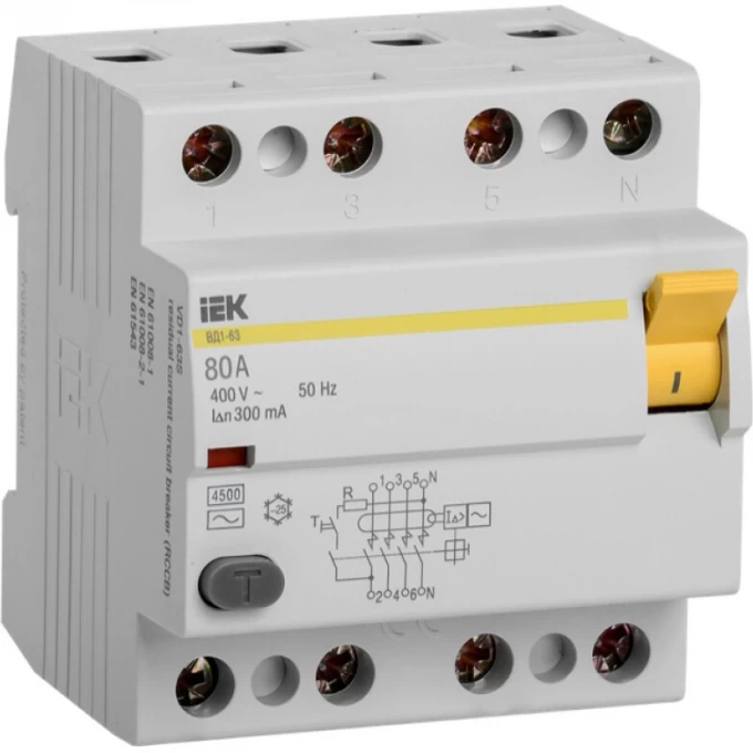 Выключатель дифференциальный (УЗО) IEK ВД1-63 4Р 80А 300мА - MDV10-4-080-300 Выключатель дифференциальный (УЗО) IEK ВД1-63 4Р 80А 300мА - MDV10-4-080-300